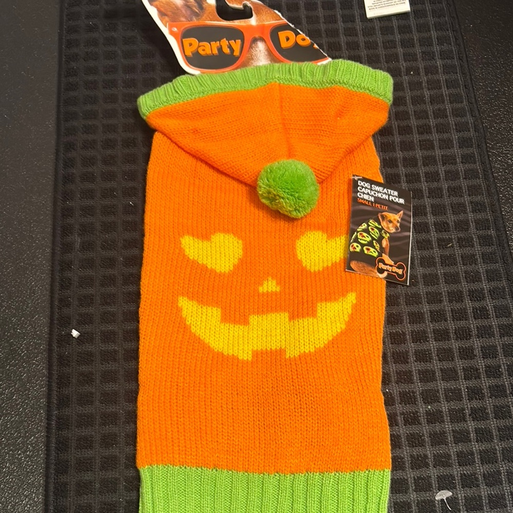 Pumpkin Costume - Orange and Green hood dog sweater costume size small